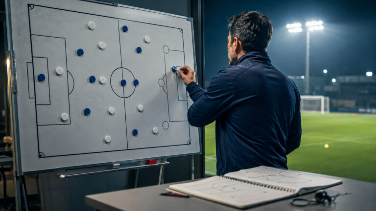 Entrenador preparando en una pizarra el sistema de juego asociativo del Real Zaragoza